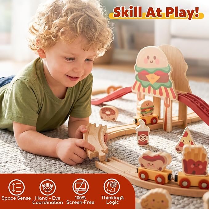 Lehoo Castle Wooden Train Set for Toddlers 2-4, Burger Theme Train Track Set Compatible with Major Brands, Expandable Wooden Railway Toy, Gift for Boys & Girls Ages 3-5