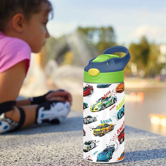 Boccsty Bright Race Car Truck Kids Water Bottle with Straw Lid Sport Cars Insulated Stainless Steel Reusable Tumbler for Boys Girls Toddlers 12 oz Green