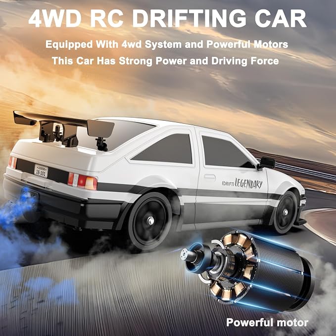 Remote Control Car RC Drift Car 1:16 Scale 4WD 18KM/H High Speed Model Vehicle 2.4GHz with LED Lights Spray Rubber Tire Racing Sport Toy for Adults Boys Girls Kids Gift 2Pcs Rechargeable Batteries