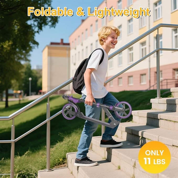 SIMATE Kick Scooter for Kids Teens & Adults, 4 Adjustable Heights, 8IN All Terrain Big Wheels, Foldable and Lightweight, Gifts for Girls Boys
