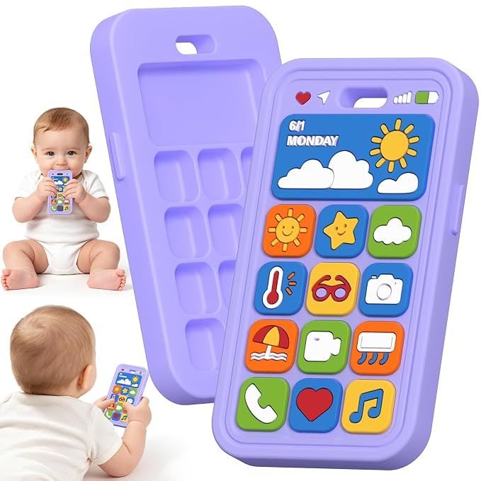 Baby Teething Toys Silicone Baby Phone Teether Over 3 Months - Sensory Chew Toys Baby Teether for Teething Relief - BPA Free Infant Toys Baby Shower Gifts (1, Purple)