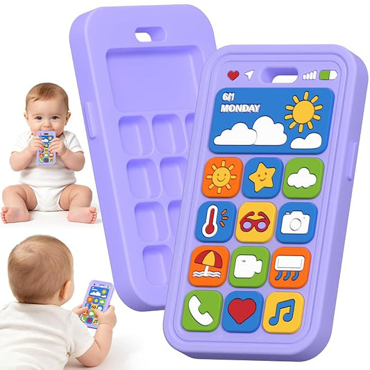 Baby Teething Toys Silicone Baby Phone Teether Over 3 Months - Sensory Chew Toys Baby Teether for Teething Relief - BPA Free Infant Toys Baby Shower Gifts (1, Purple)