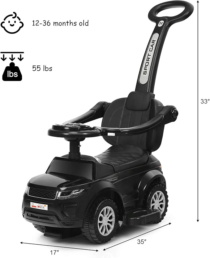 Costzon 3 in 1 Ride on Push Car, Stroller Sliding Walking Car with Horn, Music, Light, Under Seat Storage, Parental Handle, Armrest Guardrails, Ride on Toy for Boys & Girls (Black)
