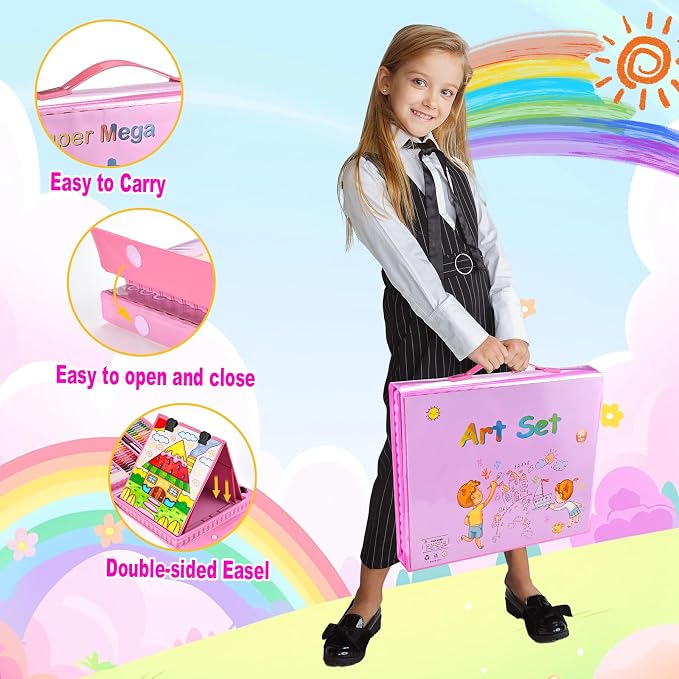 Art Supplies, 230 PCS+ Drawing Art Kit, Kids Art Set with Double Sided Trifold Easel, Colored Pencils, Crayons, Oil Pastels, Watercolor Pens, Coloring Book, Gifts for Girls Boys 4-12, Teens, Beginners