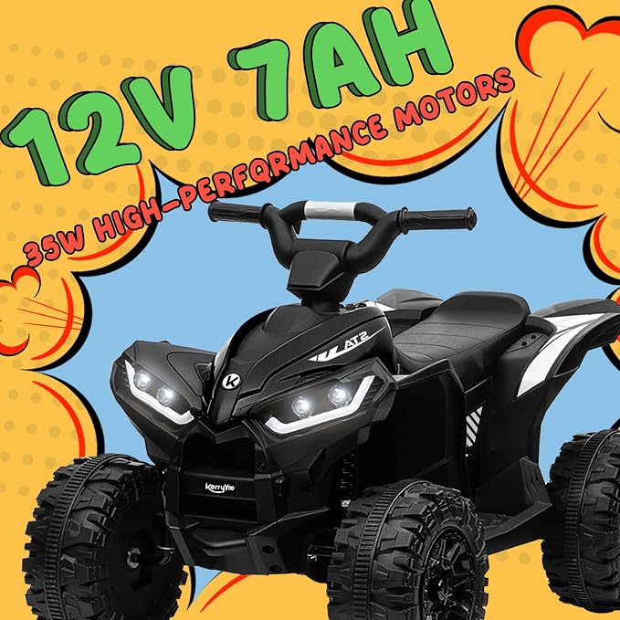 KerryYoo AT2 Kids ATV,12V 4 Wheeler for Kids 3-6,Electric Toddler Ride On Toys,Remote Control, High/Low Speeds, LED Lights, Bluetooth, and Off-Road Tires - Black