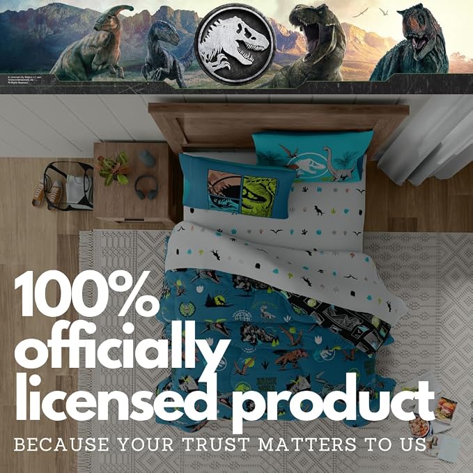 Jurassic World Kids Bedding Super Soft Cozy Reversible Microfiber Comforter and Sheet Set with Sham, 7 Piece Full Size, (Officially Licensed Product) By Franco