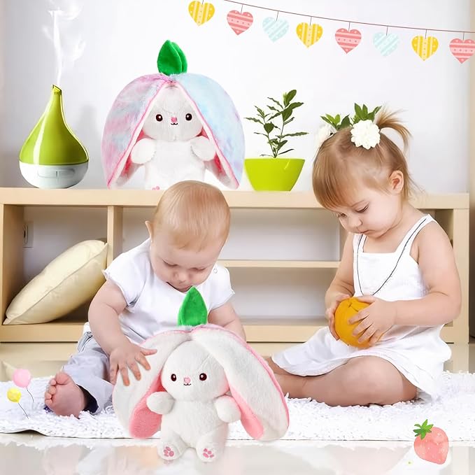 MIAODAM Rainbow Strawberry Bunny Stuffed Animal, Strawberry Bunny Plush Turn Into Rabbit Fruit Doll, Plushie Cute Bunny Toy for Kids (10 inch)