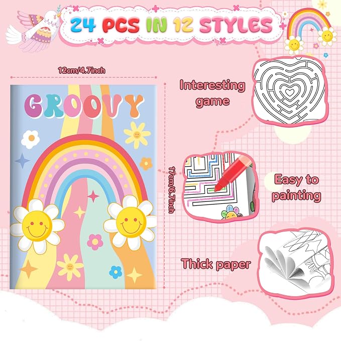 BenLouis 24 Pcs Hippie Boho Mini Coloring Books Kids Retro Daisy Party Favors Small Activity Books Bulk for Kids Two Groovy Goodie Bags Stuffers Return Gifts Classroom Travel