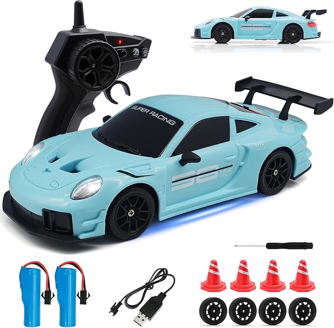 RC Drift Car, 1:24 4WD Remote Control Cars Vehicle with LED Light,2.4GHz 20KM/H High Speed RC Cars with Two Batteries & Drifting Tires Racing Sport Toy for Adults Boys Girls Kids Blue