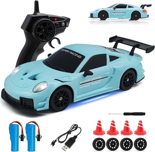 RC Drift Car, 1:24 4WD Remote Control Cars Vehicle with LED Light,2.4GHz 20KM/H High Speed RC Cars with Two Batteries & Drifting Tires Racing Sport Toy for Adults Boys Girls Kids Blue
