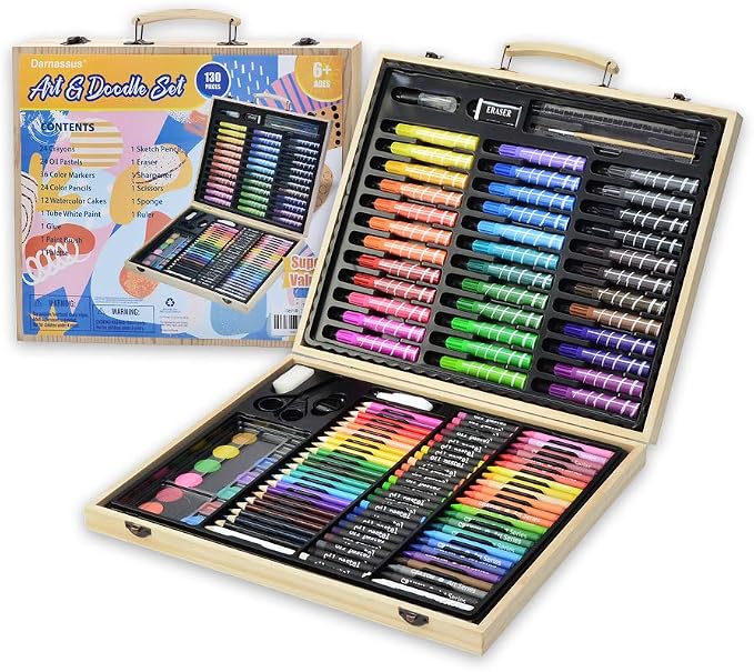 Darnassus 130-Piece Art Set, Deluxe Professional Color Set, with Compact Portable Wooden Case, Art Kit Gift for 4-12 Age