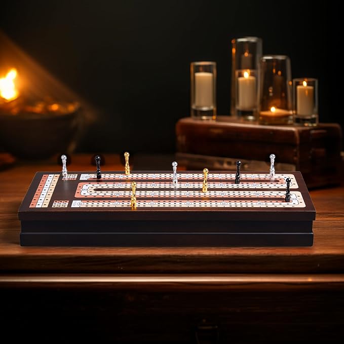 BIVOMON Wooden Cribbage Board Game Set with Large Storage Area, 3 Track Cribbage Board, 9 Metal Pegs｜2 Playing Cards｜Magnetic Lock, Family Travel Portable Tabletop Game for Adults & Kids (Instruction)