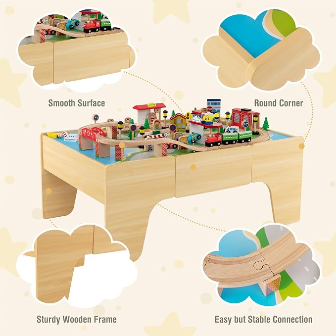 INFANS Train Table, 84 Pieces Wooden Kids Activity Toy Table Playset with Storage Drawer Reversible Detachable Tabletop, Tracks, Train, Railway, City, Gift for Toddler Boys Girls Ages 3+