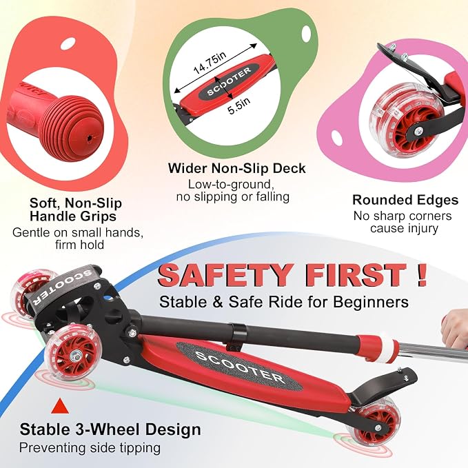 Scooter for Kids 3-5 5-7,Light up 3 Wheels Kick Scooter,Heavy Duty Folding Lean-to-Steer Scooters with 3 Adjustable Handlebar for Boys Girls,Widen Anti-Slip Deck,Rear Break,Holds up to 150Lbs