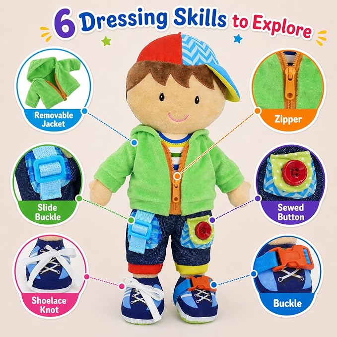 June Garden 15.5" Dressy Friends Terry - Educational Stuffed Plush Doll for Kids and Toddlers 2 Years and Up - Montessori Buckle Soft Toy