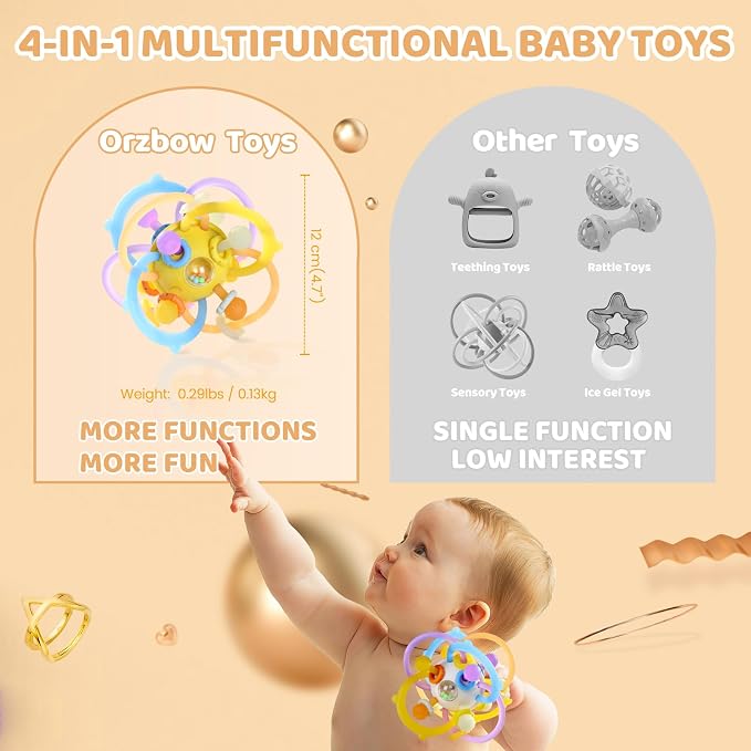 Baby Rattle Teething Toys, Baby Ball Teether Toys for 0 3 6 9 12 18 Months, Silicone Montessori Teethers with Rattle Ball for Newborn Infant, Sensory Delopmental Gift for Boys Girls, Yellow