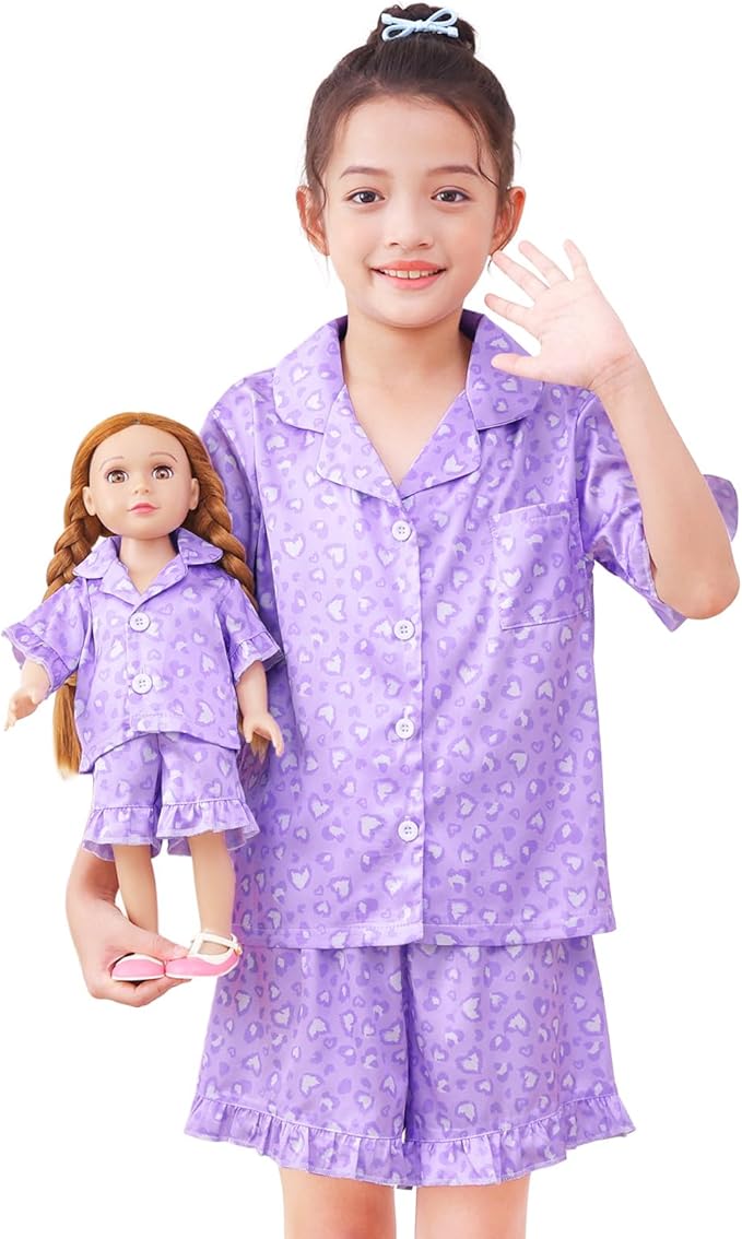 ICOSY Matching Doll & Girls Silk Pajamas Satin Pjs for Girls Button-Down Top and Shorts for 18" Doll Girl Clothes