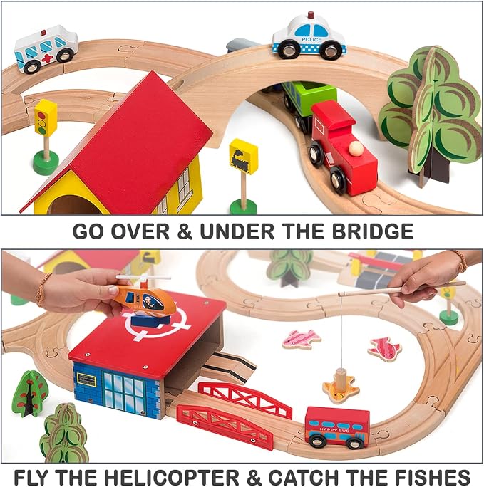 KipiPol Wooden Train Set - 69 Pieces Wooden Train Tracks & Trains for Kids, Toddler Boys and Girls 3,4,5 Years Old and Up– Premium Wood Construction Toys -Fits Thomas, Brio, IKEA, Melissa and Doug