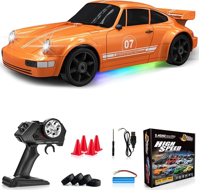 RC Drift Car 1:24 Remote Control Car 4WD 15KM/H High Speed Racing Sport Car with LED Lights RC Cars Toy for Kids Boys Girls Adults Gifts Birthday Christmas Rechargeable Batteries