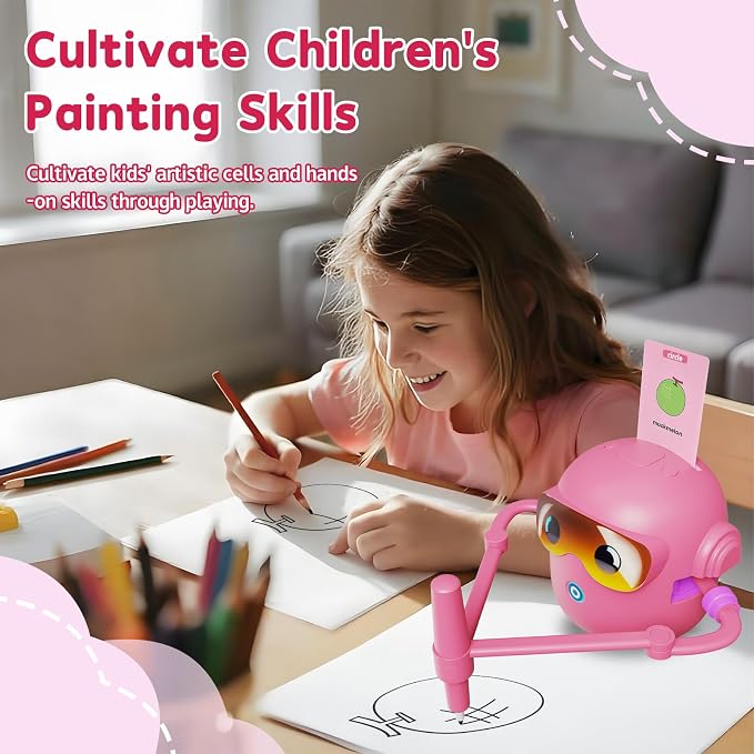Peledic Drawing Robot Toy for Kids with 100 Word Cards & 12 Color Pens, Voice Interactive Educational Drawing Machine, Montessori Painting Toys for 3 4 5 6 7 8 Year Old Boys Girls Easter Gifts (Pink)