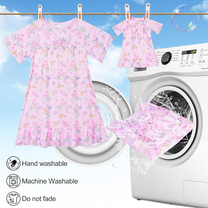MHJY Matching Girls & Doll Nightgowns Vintage Short Sleeve Sleepwear Pajamas Dress for Girls and 18" Girl Doll