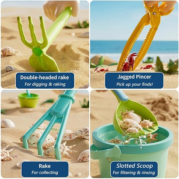 Sand Beach Toys for Kids, 5 PCS Beach Shovel Sifter Rake, Clip Tongs Set - Travel-Friendly Mesh Scooper for Shell Collecting, Outdoor Essentials Shark Tooth Sifter Dipper for Toddlers Boys Girls
