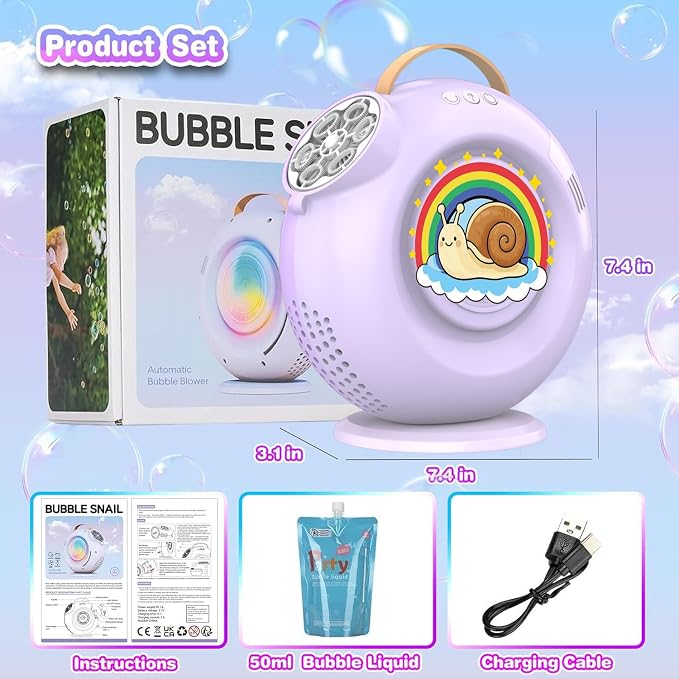 Rechargeable Bubble Machine - 15000+ Bubbles/min - 90°/360° Rotatable LED Blower for Kids Parties (Twilight Purple)