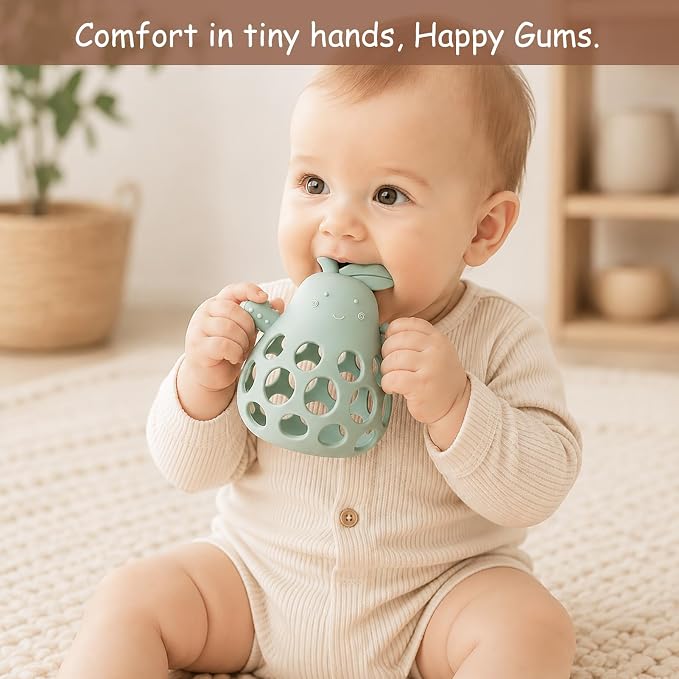 Baby Teething Toy Silicone Teether for Infants, Pear-Shaped Design with Easy-Grip Hole and Nipple-Shaped Ends for Gum Massage & Sensory Development, BPA-Free Safe Baby Chew Toy YIVEKO-Ivory+Blush