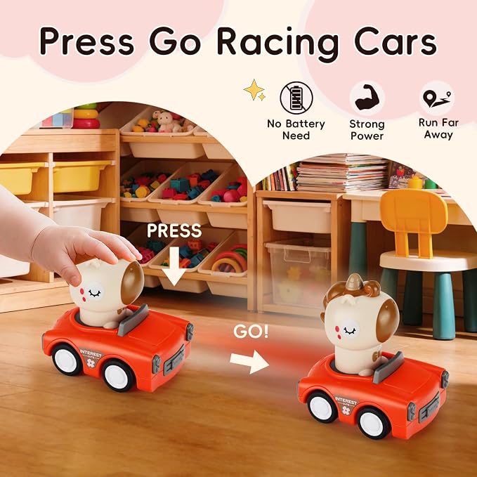 Press and Go Car Toy for Toddler 1-3,Friction Powered Animal Push Car,No Batteries Needed,BPA-Free, Easy to Clean,Indoor Outdoor Toy for 6-9-12-18 Month,Birthday Gift for 1-2 Year Old Boy Girl