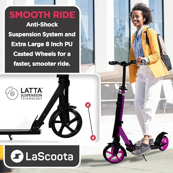 LaScoota Kick Scooter for Kids Ages 6+, Teens & Adults, Large 8" Sturdy Urethane Wheels. Adjustable Handlebar, Lightweight, Foldable, 220lbs Max Load