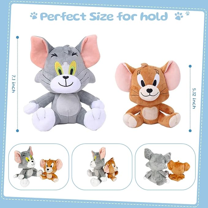 Cartoon Cat and Mouse Plush Toy Set - 7 Inch Sitting Cat & 5 Inch Sitting Mouse Stuffed Animals, Cute Cartoon Plushies for Birthday Party Decorations, Gifts for Girls Boys, Valentine's Day gift