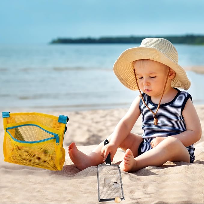 MUYIZI Beach Mesh Shovel with Mesh Shell Bags, Kids Filter Sand Scooper for Picking Up Shells,Shark Tooth Sifter Dipper for Boys and Girls,Beach Toys Accessories (Yellow)