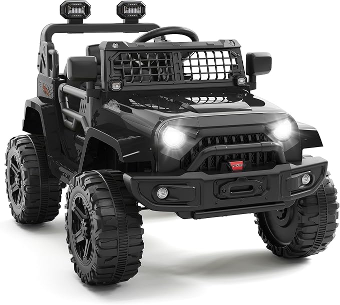 Hetoy 12V Ride on Toys with Parent Remote Control Toddler Electric Vehicle with Spring Suspension, LED Lights, Bluetooth, Music Player, 3 Speeds Ride on Car Truck for Kids Age 3-8 (Black)