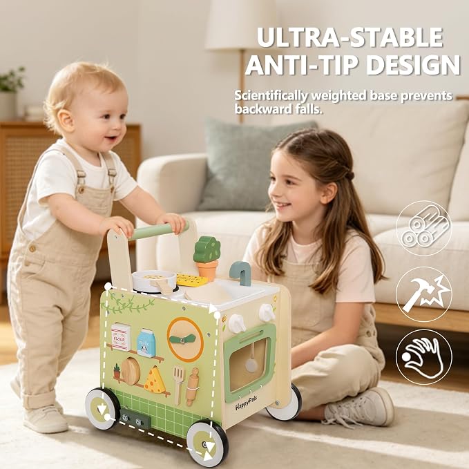 6-in-1 Wooden Baby Push Walker, Montessori Activity Center for Toddlers 1-3, Pretend Play Kitchen Stroller with Speed Control & Shape Sorter, Early Learning Development Gift for Boys Girls