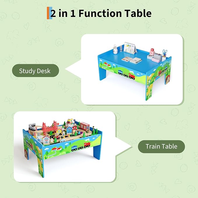 Garvee 78 Piece 4-in-1 Wooden Train Table for Kids - Multipurpose Activity Play Set with Reversible Top, Tracks & Built-in Storage, Natural Wood