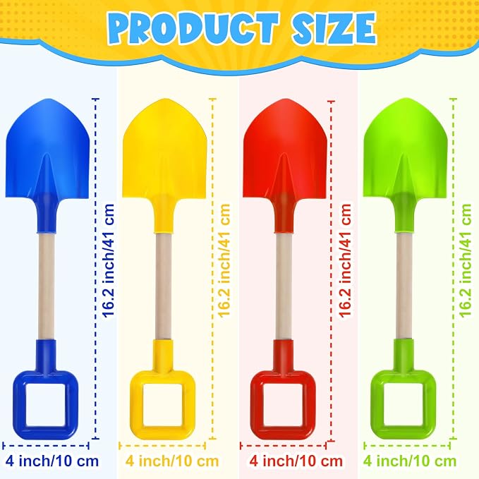 Honoson 4 Pack 16 Long Beach Spades Sand Shovels Toys Gardening Tools Sets Sandbox Sturdy Scoop Durable Wood Handle ABS Plastic Spade for Garden Sand Snow Backyard Summer Favors (Bright Color)