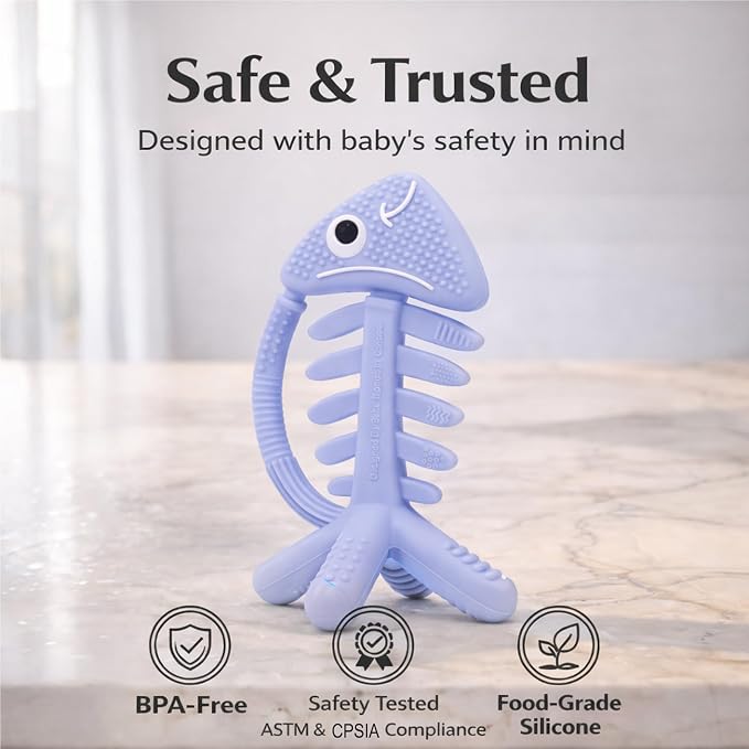 3 in 1 Infant Toys, Baby Teething Toys 3–6 6–12 Months, Teethers for Babies 0–3–6–12 Months for Teething Relief, Baby Gift, Baby Teether Toys,Silicone Sensory Toys,USA Patent Pending,Fish (Baby Blue)