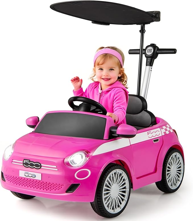 Licensed Fiat 500 Ride on Push Car by INFANS, 3 in 1 Baby Stroller Sliding Walking Car with Retractable Footrest, Parent Control Handle, Horn, Foot-to-Floor Toys for Kids Toddlers 18 Month+ (Pink)