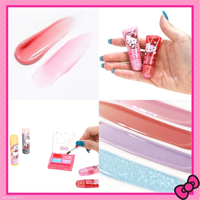 Hello Kitty Beauty Mini Train Case Set Includes Lip Gloss Tube, Lip Balm, Lip Gloss Compact for Girls Party, Sleepovers by Townley Girl
