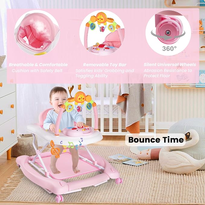 Boyro Baby 5-in-1 Baby Walker, Baby Walkers for Boys Girls 6-12 Months, Foldable Activity Walker, Toddler Infant Walker with Bouncer, Adjustable Height, Removable Footrest, Feeding Tray, Music