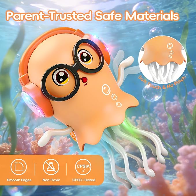 GONINO DJ Dancing Jellyfish Baby Toys, Musical Crawling Tummy Time Toys with LED Light & Smart Obstacle Avoidance, 360° Spin Sensory Toys for Toddlers, Kids Toys Birthday Gifts for Boys Girls, Orange