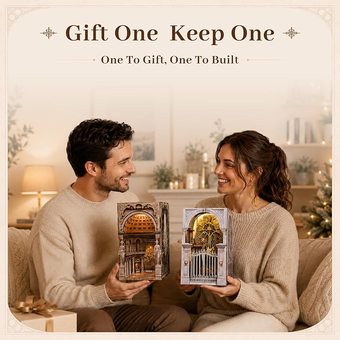 2 PCS DIY Wooden Dollhouse Kit, Architecture Miniature with LED Light Dust Cover, Easy Assembly Creative Craft for Adults Bookshelf Decor (St. Charles Church & Pantheon)