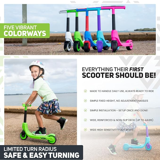 Vital First 2 Wheel Toddler Scooter | Beginner Balance Training Kids Toys for Ages 2-5 | Durable Lightweight Design & Fixed Height Kids Scooter | Wide Wheels and Foot Brake