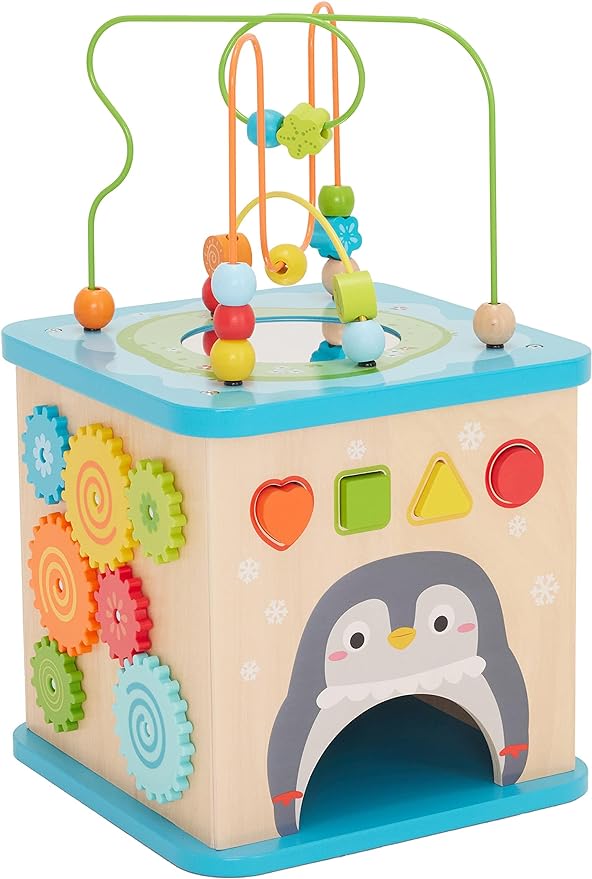 Amazon Basics Kids Wooden Activity Cube, Educational Learning Toy with Bead Maze and Shape Sorter, Developmental Fine Motor Skills, Gift for Toddlers Age 12M+, Multicolor, 13.4x22.5x13.4inches