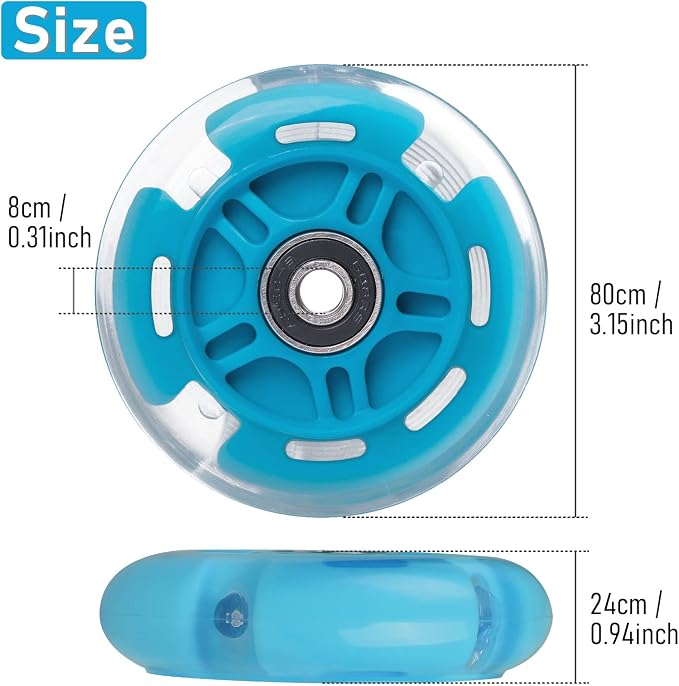 2-Pack Rear 80mm Colorful Flashing 3-Wheeled Kid Scooter Replacement Wheels for Kid Push Kick Scooter (Blue)