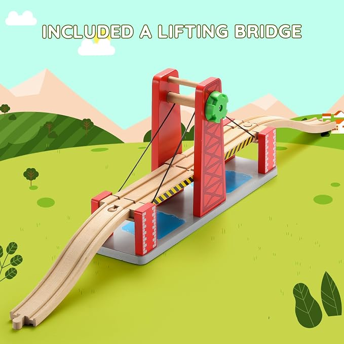 SainSmart Jr. Wooden Train Set for Toddler, Double-Side Wood Train Track with 4 Trains Fits Brio, Thomas, Melissa and Doug, Toy Railway Kit for Kids Ages 3+