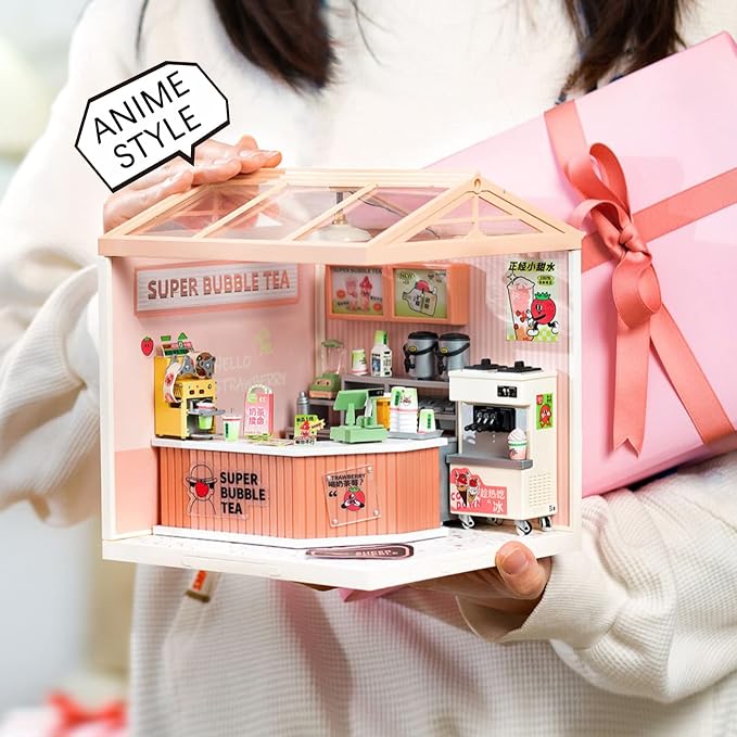Rolife Super Creator DIY Miniature House Kit, Blind Box Display Home, No Glue Plastic Click-Assembly Stackable Room Box Toy with Type-C LED Light (DW006 Double Joy Bubble Tea)