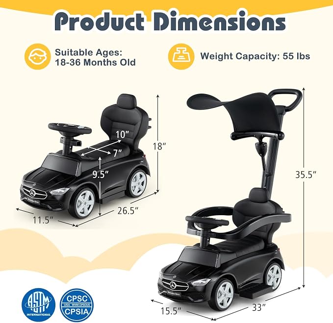 Costzon Push Car for Toddlers, 3 in 1 Mercedes Benz Stroller Sliding Walking Car w/Canopy, Handle, Safety Bar, Horn Sound, Underneath Storage, Foot-to-Floor Ride On Toy for Boys & Girls (Black)