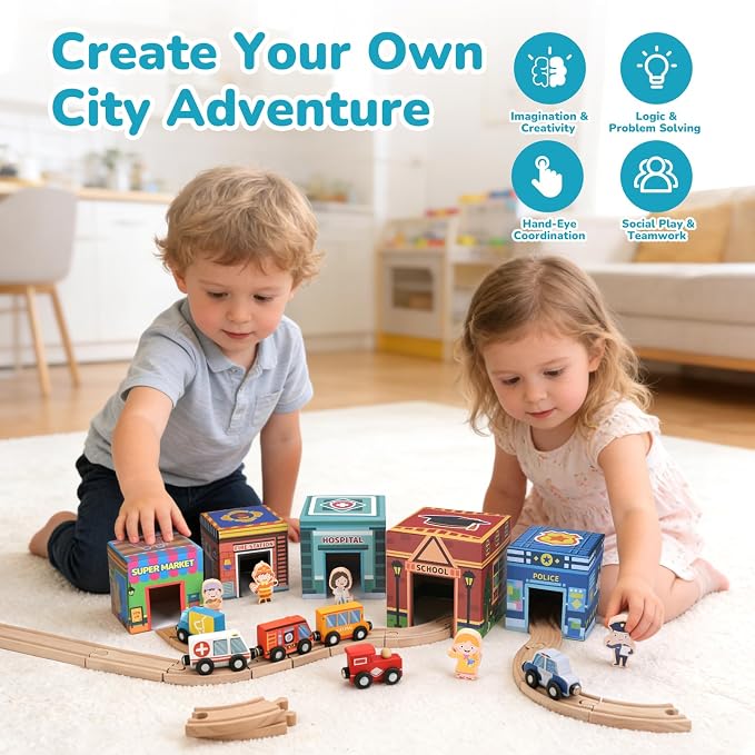 Wooden Train Set for Kids 3-7, Wood Train Tracks Complete Town Railway Playset with Matching Figures, Vehicles, Stacking and Nesting Blocks, Sorting & Stacking Toys Gifts for Boys Girls