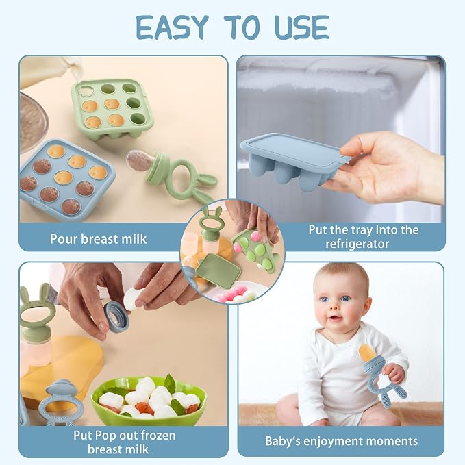 Baby Breastmilk Popsicle Molds & Baby Fruit Feeder (2 Pack), Baby Food Freezer Tray Storage Containers, Silicone Teething Pacifier Feeder and Teether for Babies,Baby Feeder - Blue